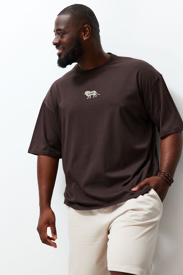 Trendyol Trendyol Plus Size Dark Brown Oversize Animal Print Embroidery 100% Cotton T-Shirt