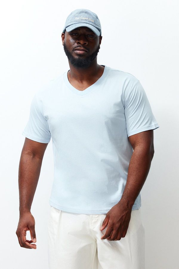 Trendyol Trendyol Plus Size Light Blue Slim/Narrow Cut V-Neck 100% Cotton Comfortable T-Shirt