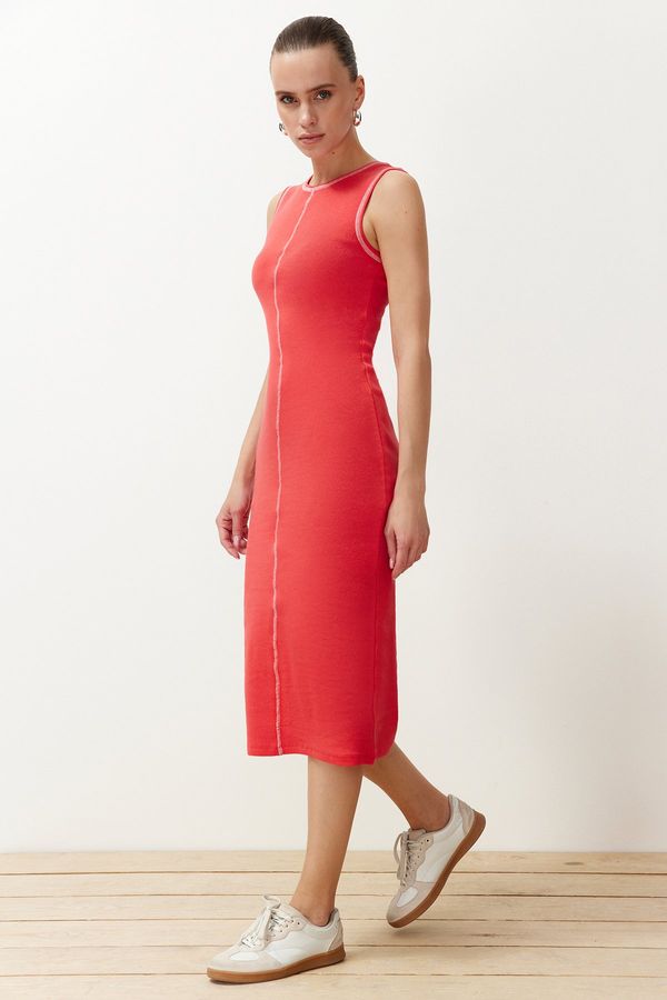Trendyol Trendyol Pomegranate Flower Fitted/Body-Fitting Cot Stitching Detailed Ribbed Flexible Knitted Midi Dress