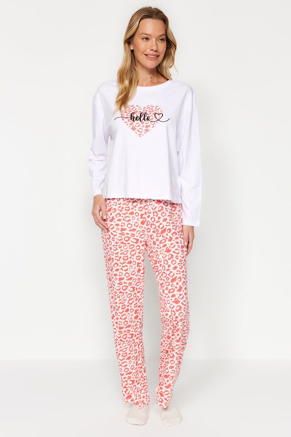 Trendyol Trendyol Powder 100% Cotton Leopard Print T-shirt-Pants and Knitted Pajamas Set
