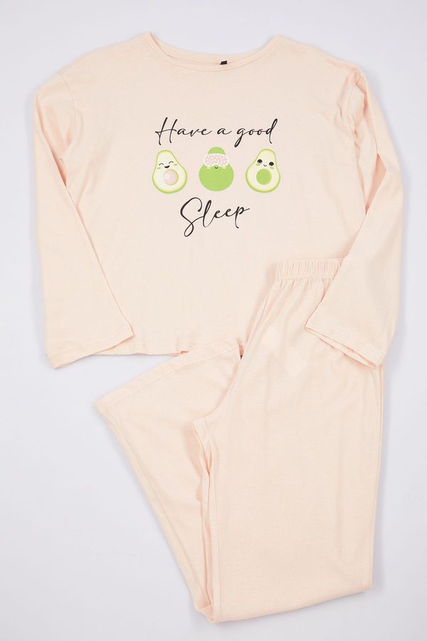 Trendyol Trendyol Powder 100% Cotton Slogan and Avocado Printed Knitted Pajama Set