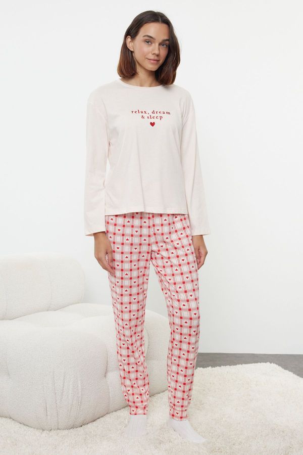 Trendyol Trendyol Powder 100% Cotton Slogan Embroidered Heart Plaid Knitted Pajama Set