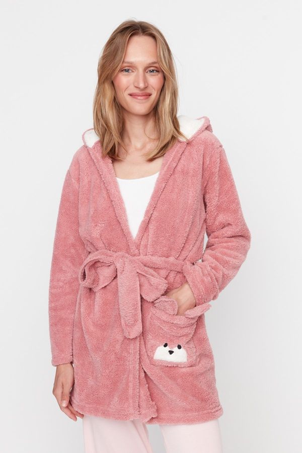 Trendyol Trendyol Powder Belted Animal Figured Hooded Wellsoft Knitted Dressing Gown with Pockets