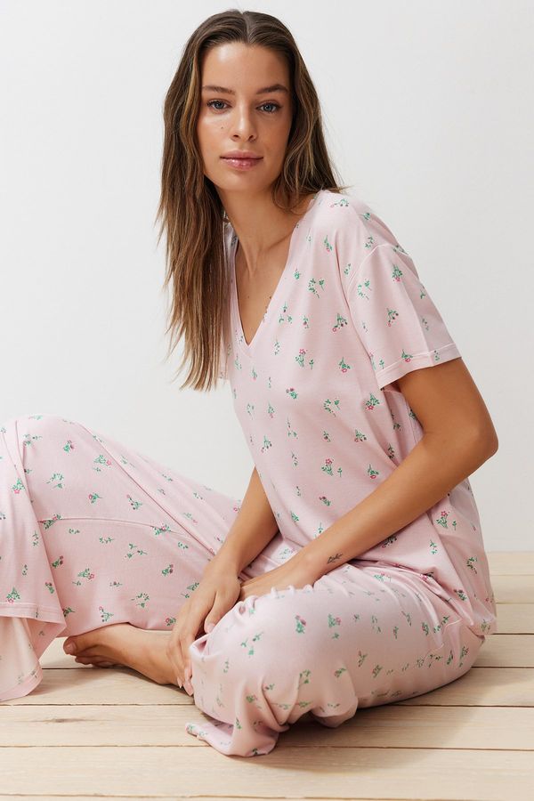 Trendyol Trendyol Powder-Multicolored Floral Knitted Pajamas Set