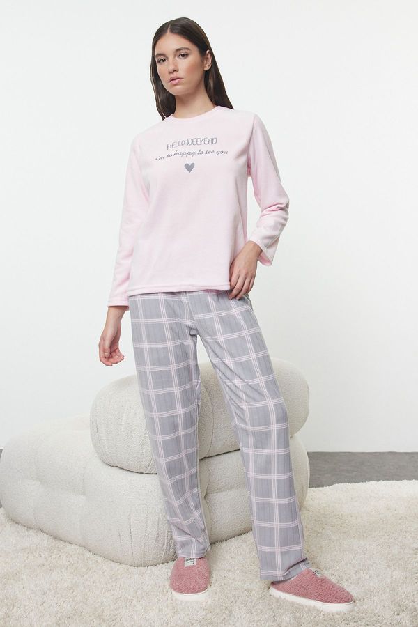 Trendyol Trendyol Powder Plaid Slogan and Heart Polar Winter Knitted Pajama Set