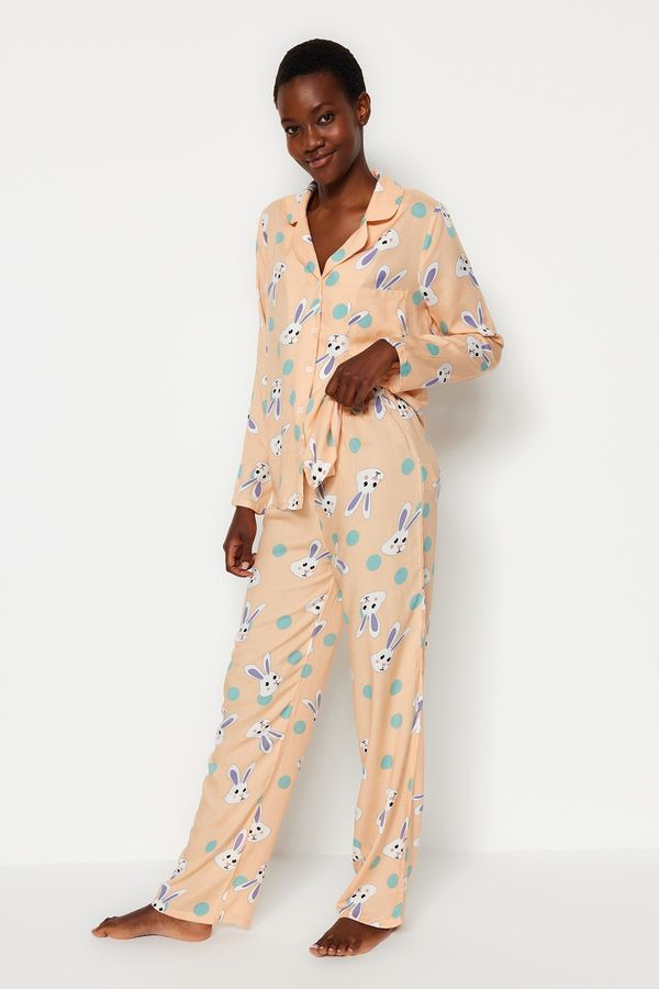 Trendyol Trendyol Powder Rabbit Patterned Shirt-Pants Woven Pajamas Set