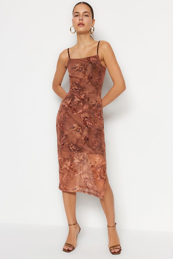 Trendyol Trendyol Premium Brown Patterned Fitted Midi Stretch Knitted Dress
