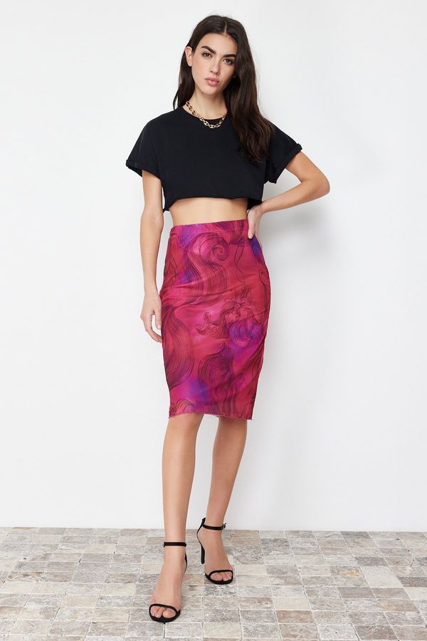 Trendyol Trendyol Premium Fuchsia Printed Tulle High Waist Lined Midi Knitted Skirt