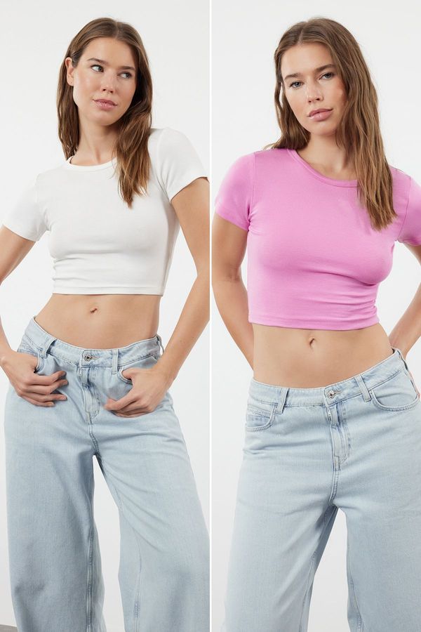 Trendyol Trendyol Premium Pink-Ecru 2 Pack Crop Viscose/Soft Fabric Stretchy Knitted Blouse