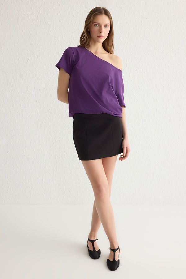 Trendyol Trendyol Purple 100% Cotton Boyfriend Boat Neck Knitted T-Shirt