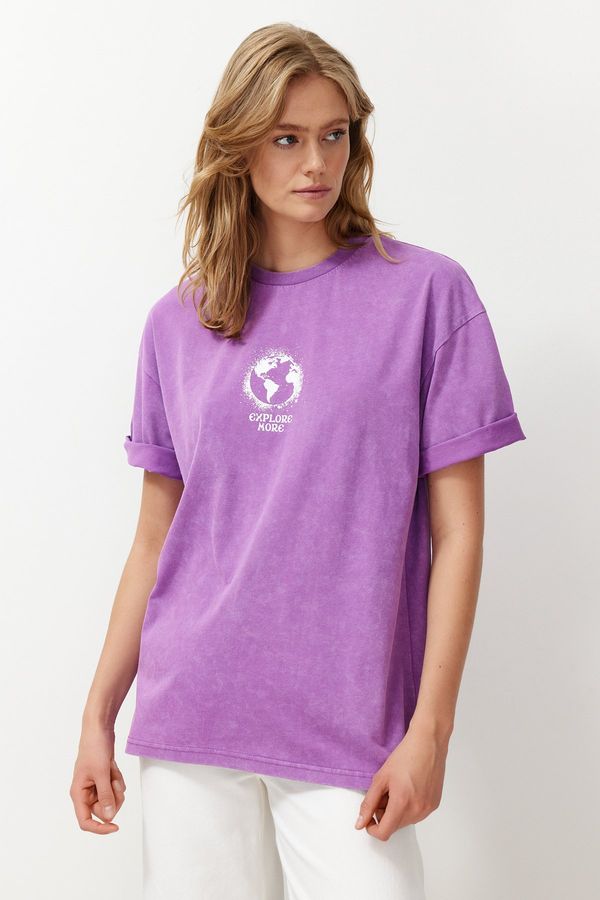 Trendyol Trendyol Purple 100% Cotton Printed Washed Oversize/Wide Fit Crew Neck Knitted T-Shirt