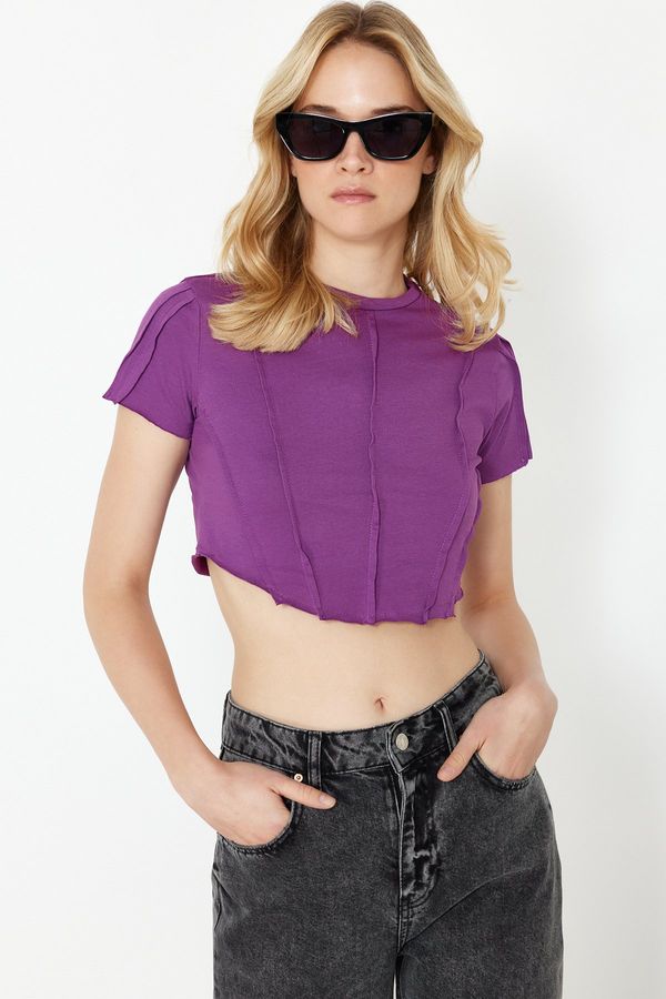 Trendyol Trendyol Purple 100% Cotton Rib Detailed Fitted Crew Neck Knitted Blouse