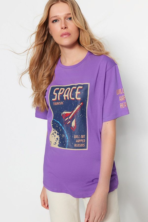 Trendyol Trendyol Purple 100% Cotton Space Printed Boyfriend Fits Crew Neck Knitted T-Shirt