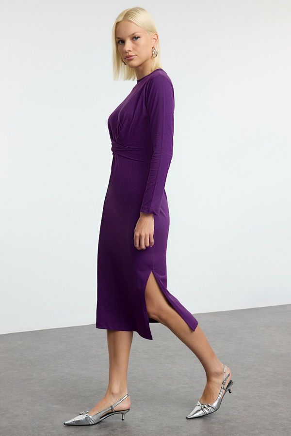 Trendyol Trendyol Purple 100% Cotton Tie Detailed Body-Fitting Midi Knit Dress