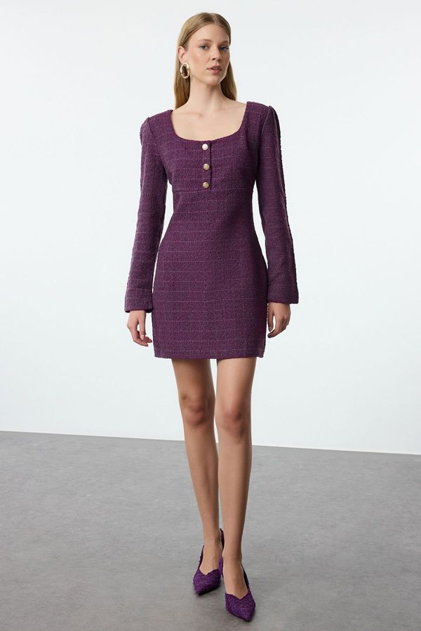 Trendyol Trendyol Purple A-Line Square Neck Button Detailed Mini Tweed Woven Dress