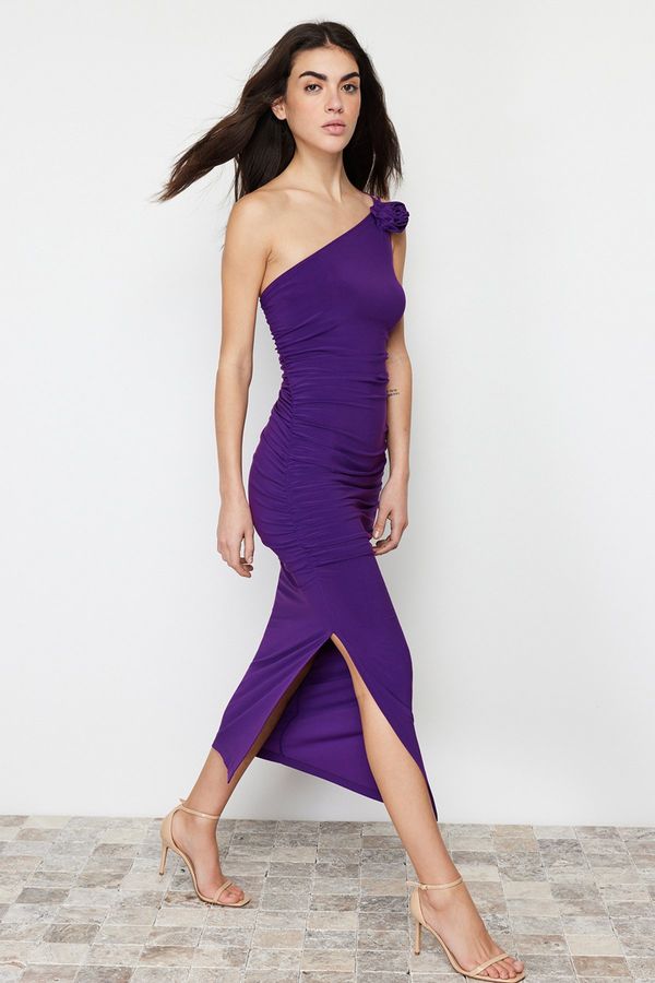 Trendyol Trendyol Purple Accessory Rose Detail Gathered Bodycone/Sleeping Knitted Midi Dress