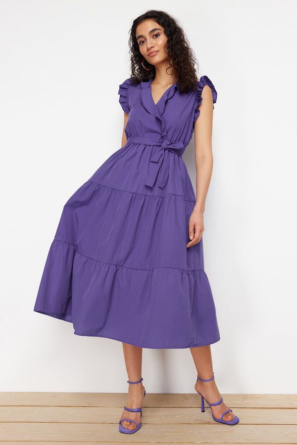 Trendyol Trendyol Purple Belted A-line Double Breasted Collar Midi Woven Dress