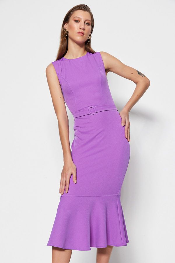Trendyol Trendyol Purple Belted Fitted Midi Woven Flounce Woven Dress