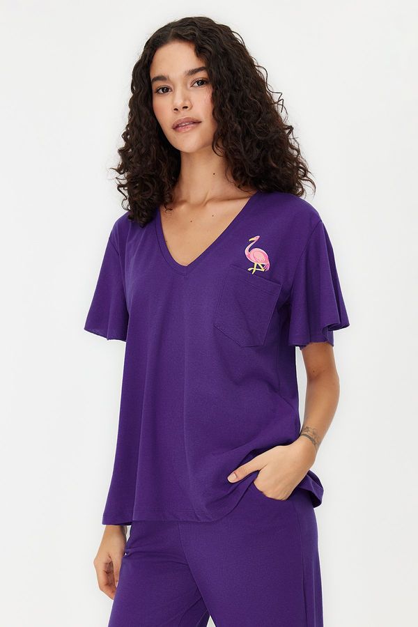 Trendyol Trendyol Purple Cotton Flamingo Printed Sleeve Flounce Detailed T-shirt-Pants Knitted Pajama Set