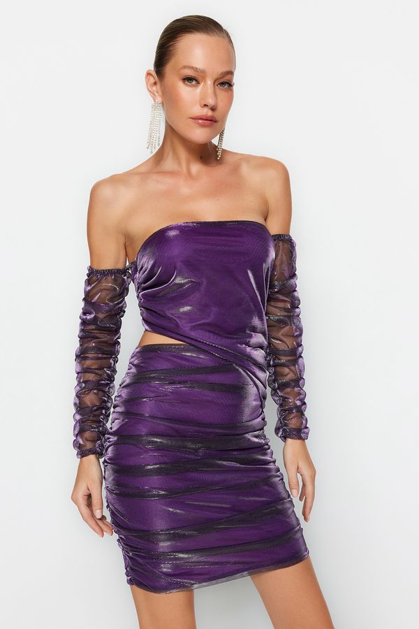Trendyol Trendyol Purple Fitted Evening Dress with Shimmering Window/Cut Out Detailed Tulle Evening Dress