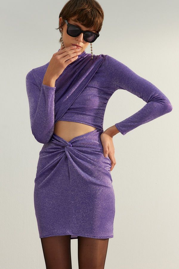 Trendyol Trendyol Purple Fitted, Glittering Window/Cut Out Detailed Knitted Short Elegant Evening Dress