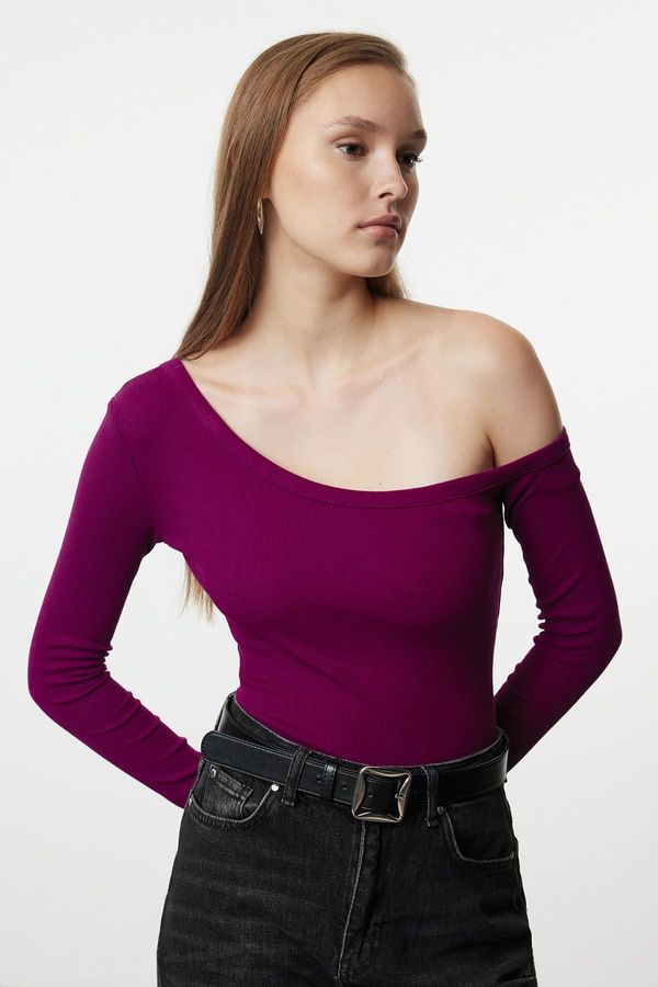 Trendyol Trendyol Purple Fitted Off Shoulder Corded Cotton Stretch Knitted Blouse