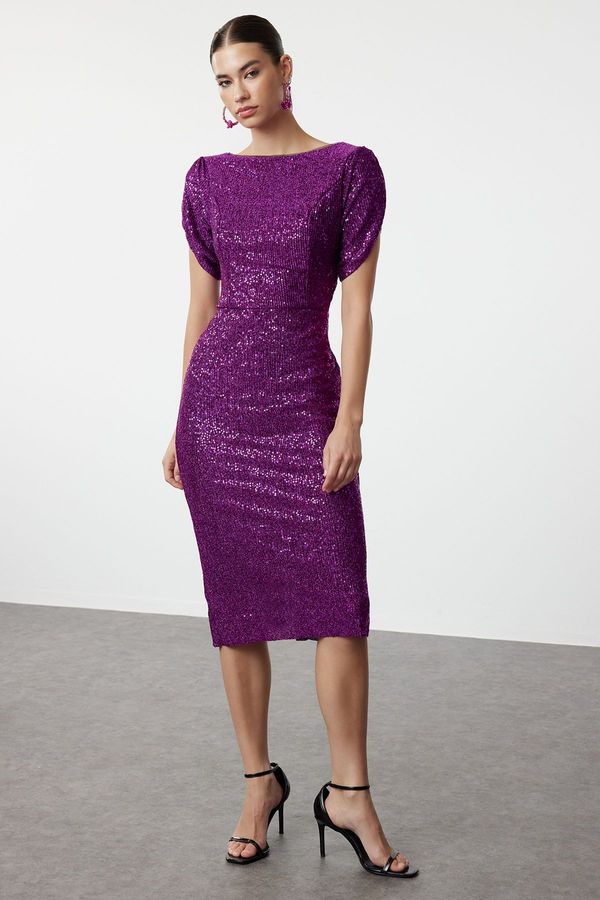 Trendyol Trendyol Purple Fitted Shiny Knitted Sequin Elegant Evening Dress