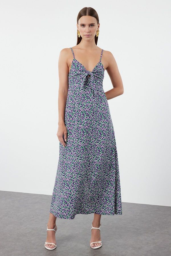 Trendyol Trendyol Purple Floral Floral Patterned Straight Cut Tie Detailed Strap Midi Woven Dress