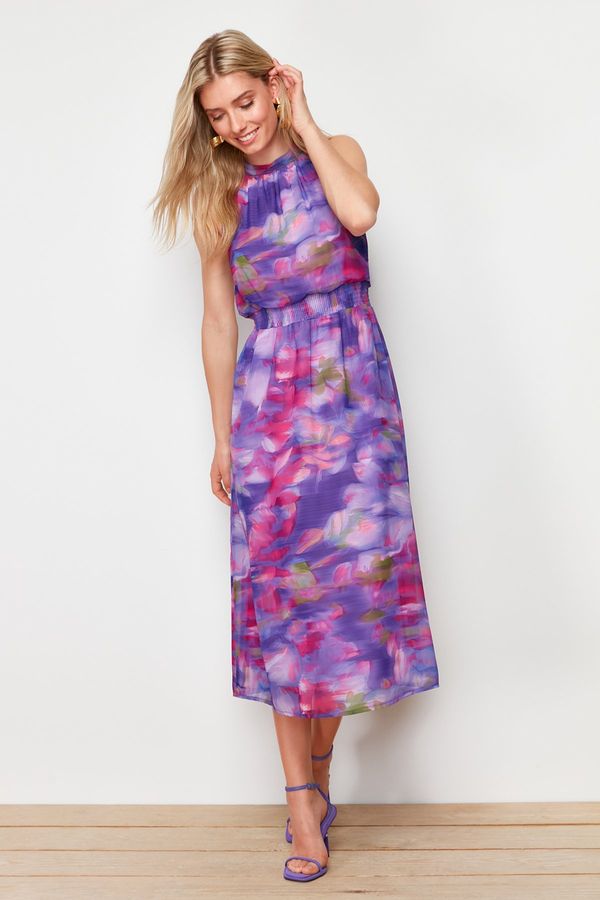 Trendyol Trendyol Purple Floral Print A-line Chiffon Lined Midi Woven Dress