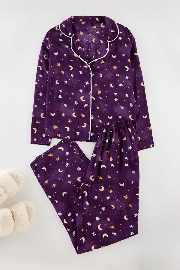 Trendyol Trendyol Purple Galaxy Patterned Viscose Woven Pajama Set