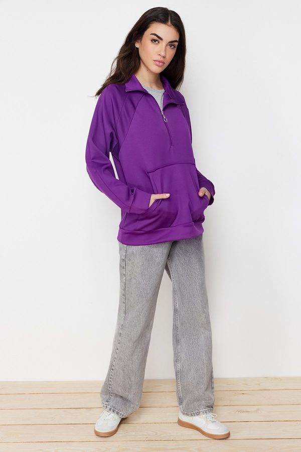 Trendyol Trendyol Purple Kangaroo Pocket Zipper Detailed Scuba Knitted Sweatshirt
