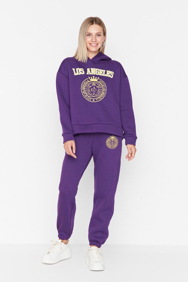 Trendyol Trendyol Purple Loose Jogger Printed Knitted Sweatpants with Fleece Inside