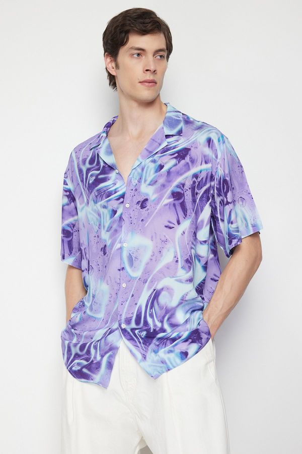 Trendyol Trendyol Purple Oversize Fit Abstract Printed 100% Viscose Short Sleeve Flowy Summer Shirt