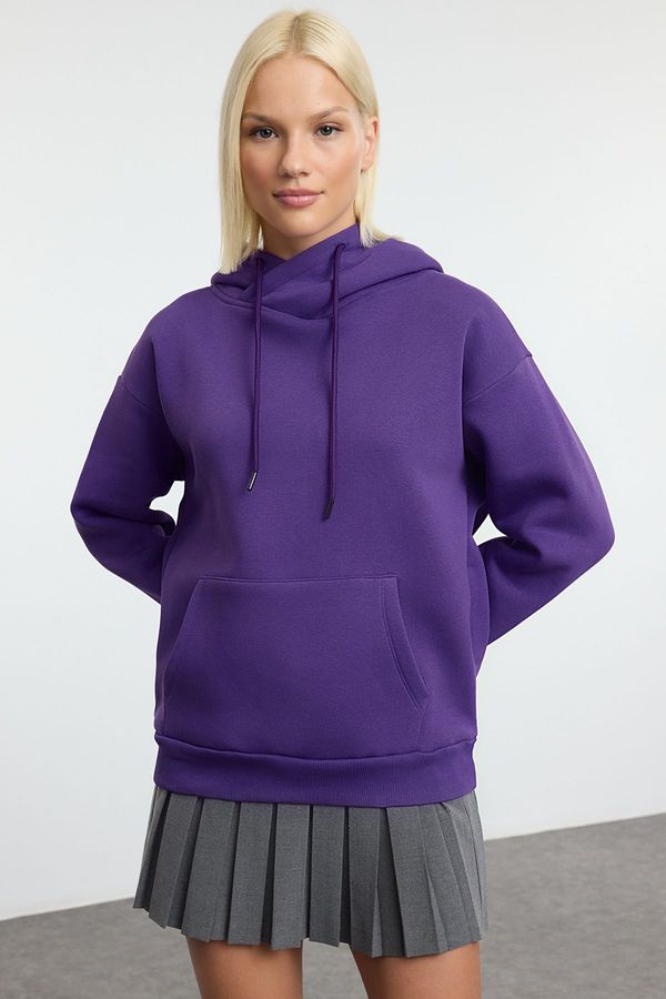 Trendyol Trendyol Purple Oversize Pattern Hooded Kangaroo Pocket Thick Polar Fleece Knitted Sweatshirt