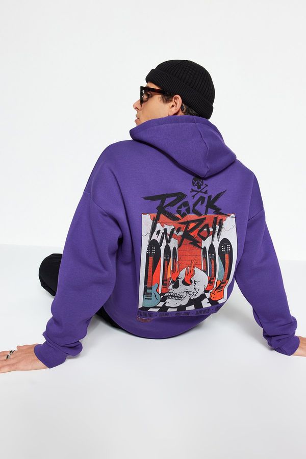 Trendyol Trendyol Purple Oversize/Wide Cut Fleece Inside/Warm Hooded Printed Sweatshirt