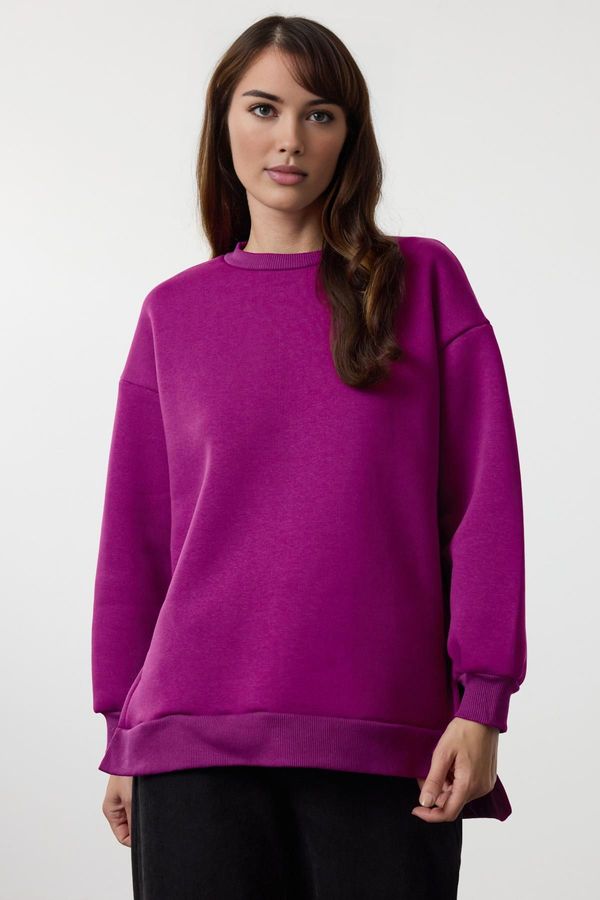 Trendyol Trendyol Purple Oversize/Wide Pattern Slit Detail Thick Polar Fleece Knitted Sweatshirt