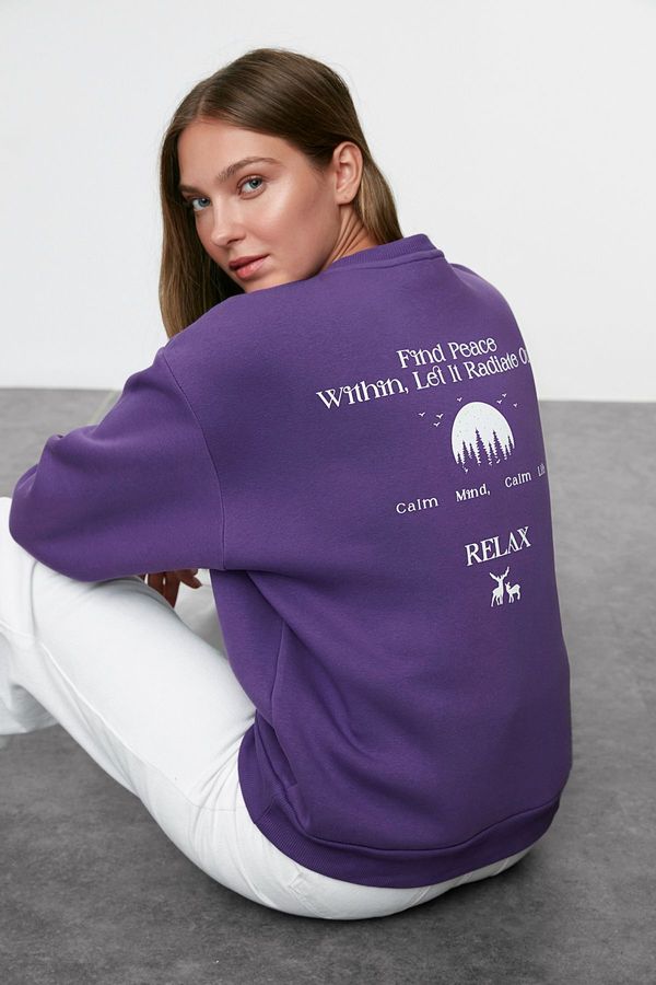 Trendyol Trendyol Purple Oversize/Wide Pattern Slogan Printed Thick Polar Fleece Knitted Sweatshirt