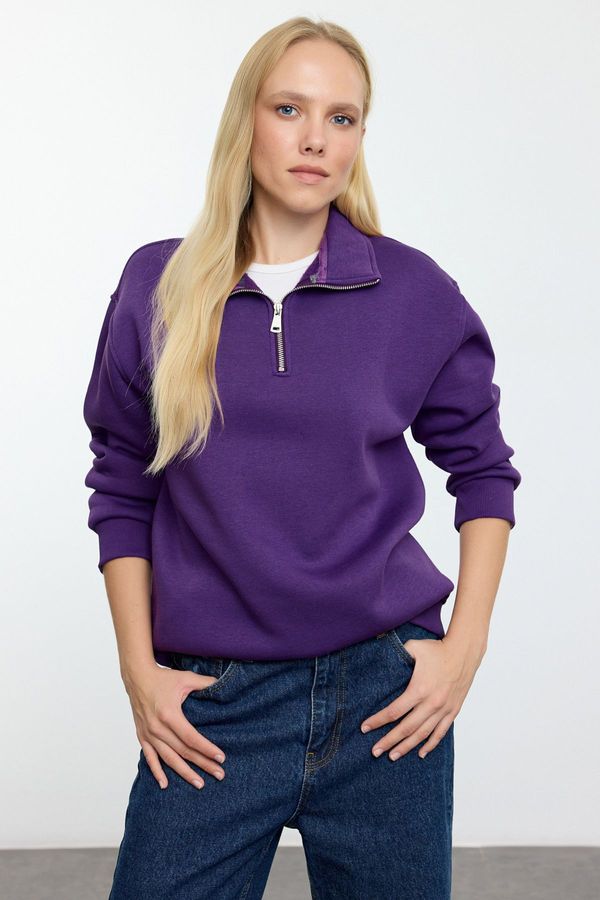 Trendyol Trendyol Purple Oversize/Wide Pattern Zippered Collar Thick Polar Fleece Knitted Sweatshirt