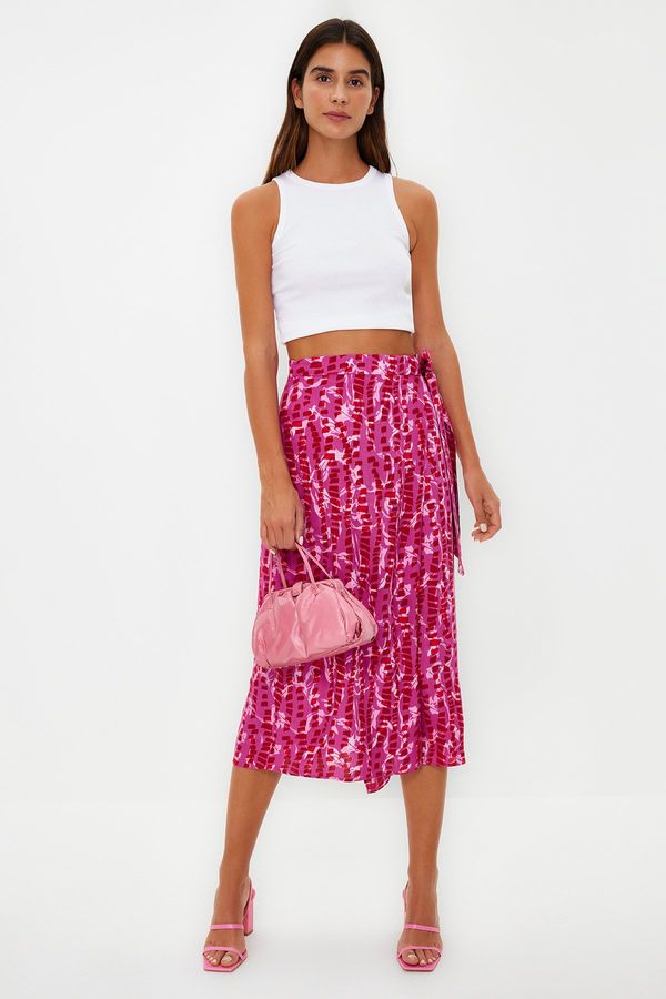 Trendyol Trendyol Purple Patterned Double Breasted Viscose Fabric Midi Length Woven Skirt