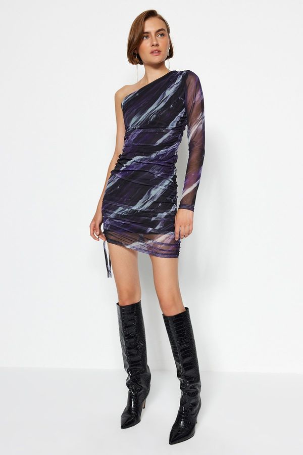 Trendyol Trendyol Purple Printed Tulle Lined Fitted Mini Single Sleeve Gathered Knitted Dress