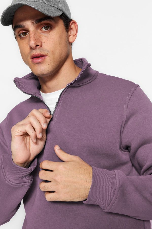 Trendyol Trendyol Purple Regular/Normal Cut Stand Collar Zippered Cotton Basic Sweatshirt