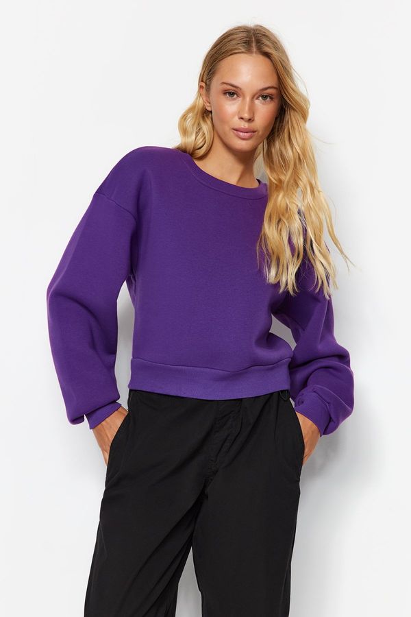 Trendyol Trendyol Purple Relaxed Cut Crop Basic Crew Neck Thick Fleece Inside Knitted Sweatshirt