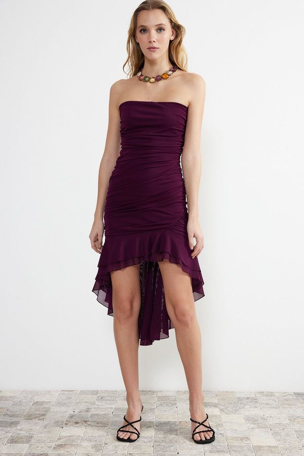 Trendyol Trendyol Purple Ruffle Detailed Knitted Elegant Evening Dress Dress