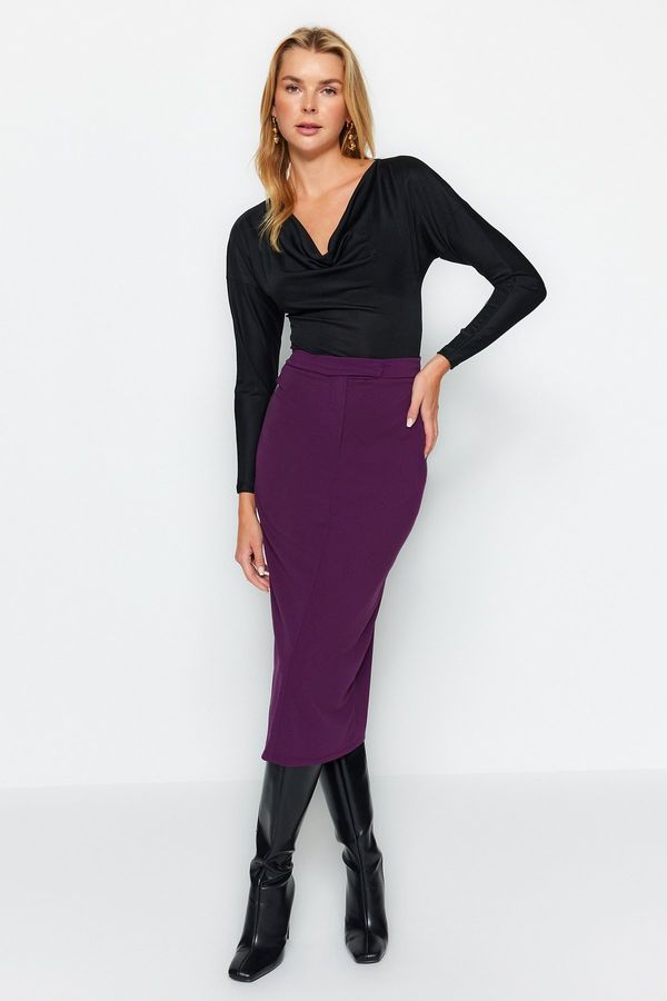 Trendyol Trendyol Purple Smart Crepe with Belt Detailed Fleece Pocket Midi Pencil High Waist, Flexible Knitted Skirt