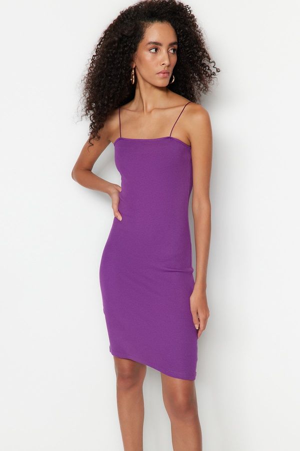 Trendyol Trendyol Purple Square Collar Spaghetti Straps Ribbed Flexible Fitted Mini Dress