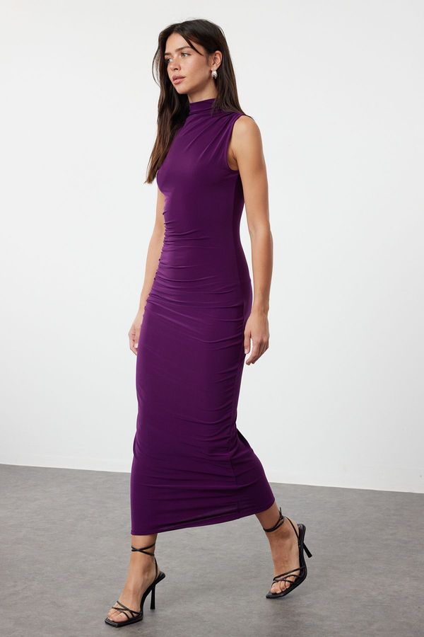 Trendyol Trendyol Purple Straight Sleeve Draped Bodycone/Fitting Flexible Knitted Dress