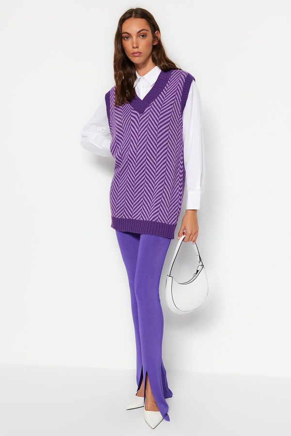 Trendyol Trendyol Purple Striped V-Neck Knitwear Sweater
