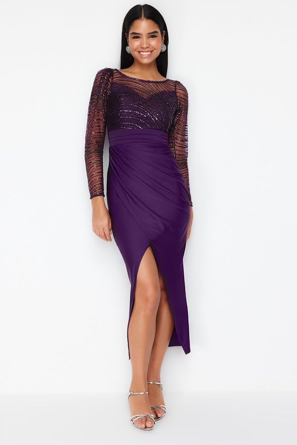 Trendyol Trendyol Purple Tulle Detailed Knitted Elegant Evening Dress