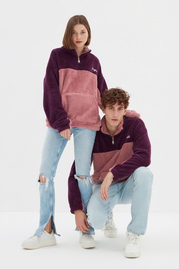 Trendyol Trendyol Purple Unisex Oversize/Wide-Fit High Neck Color Block Warm Plush Sweatshirt with Minimal Embroidery
