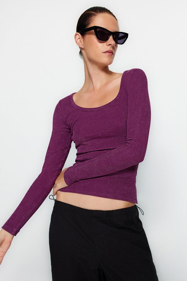 Trendyol Trendyol Purple Vintage/Faded Effect Ribbed Pool Neck Fitted Cotton Stretch Knitted Blouse